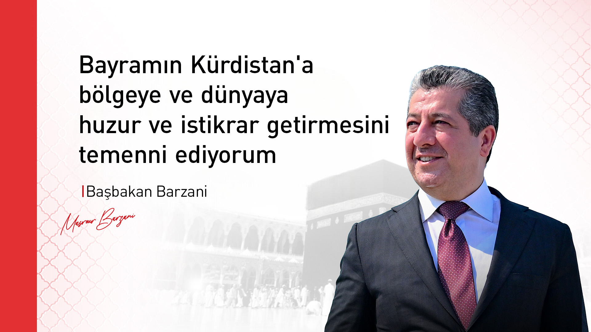 Kürdistan Bölgesi Başbakanı Mesrur Barzani, Kurban Bayramı’nın “Kürdistan'a, bölgeye ve dünyaya huzur ve istikrar getirmesi” temennisinde bulunarak, tüm Müslümanların bayramını kutladı. Başbakan Barzani, bugün (26 Mayıs 2026 Salı) Kurban Bayramı vesilesiyle yayınladığı kutlama mesajında, Kürdistan, Irak ve dünyadaki tüm Müslümanları bayram vesilesiyle tebrik etti. Mesrur Barzani mesajında, "Özellikle kahraman Peşmergeleri, iç güvenlik güçlerini ve şehit ve Enfal kurbanlarının ailelerini tebrik ediyorum. Bayramı mutluluk ve huzur içinde geçirmenizi temenni ediyorum." dedi. Başbakan mesajının sonunda, şu ifadelere yer verdi: "Bayramın Kürdistan'a, bölgeye ve dünyaya birlik, barış ve istikrar getirmesini temenni ediyoum. Bayramınız kutlu olsun, huzur ve mutuluk içinde geçirmenizi diliyorum."